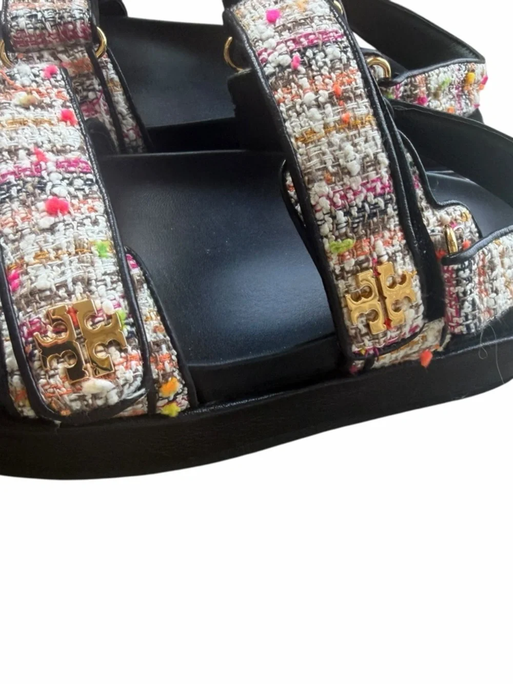Tory Burch Multicolor Tweed and Leather logo Kira Sport Sandals 9.5 Black multi